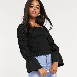 ASOS New Look Shirred Long Sleeve Black Top